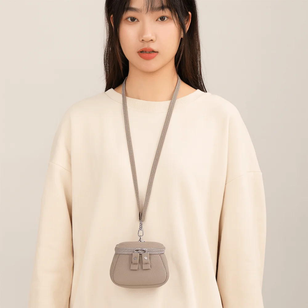 Solid Color Hanging Neck Coin Purse Genuine Leather Makeup Storage Lanyard Wallet Purse Lipstick Earphone Pouch Mini Storage Bag
