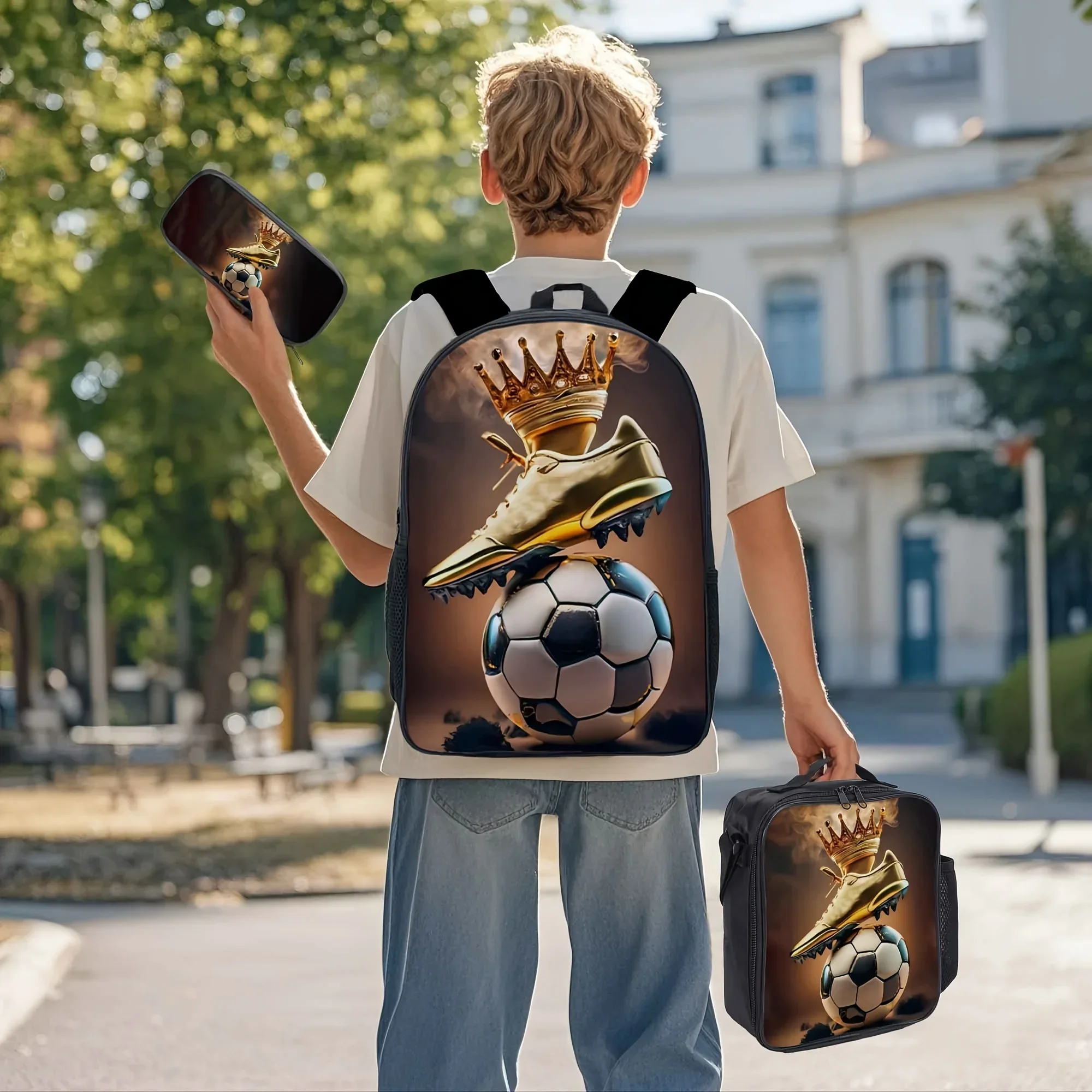 Custom 3pcs Soccer Crown Pattern Backpack Set For Boys Large Capacity, Durable Zipper Closure, Casual Style, Ideal For Students