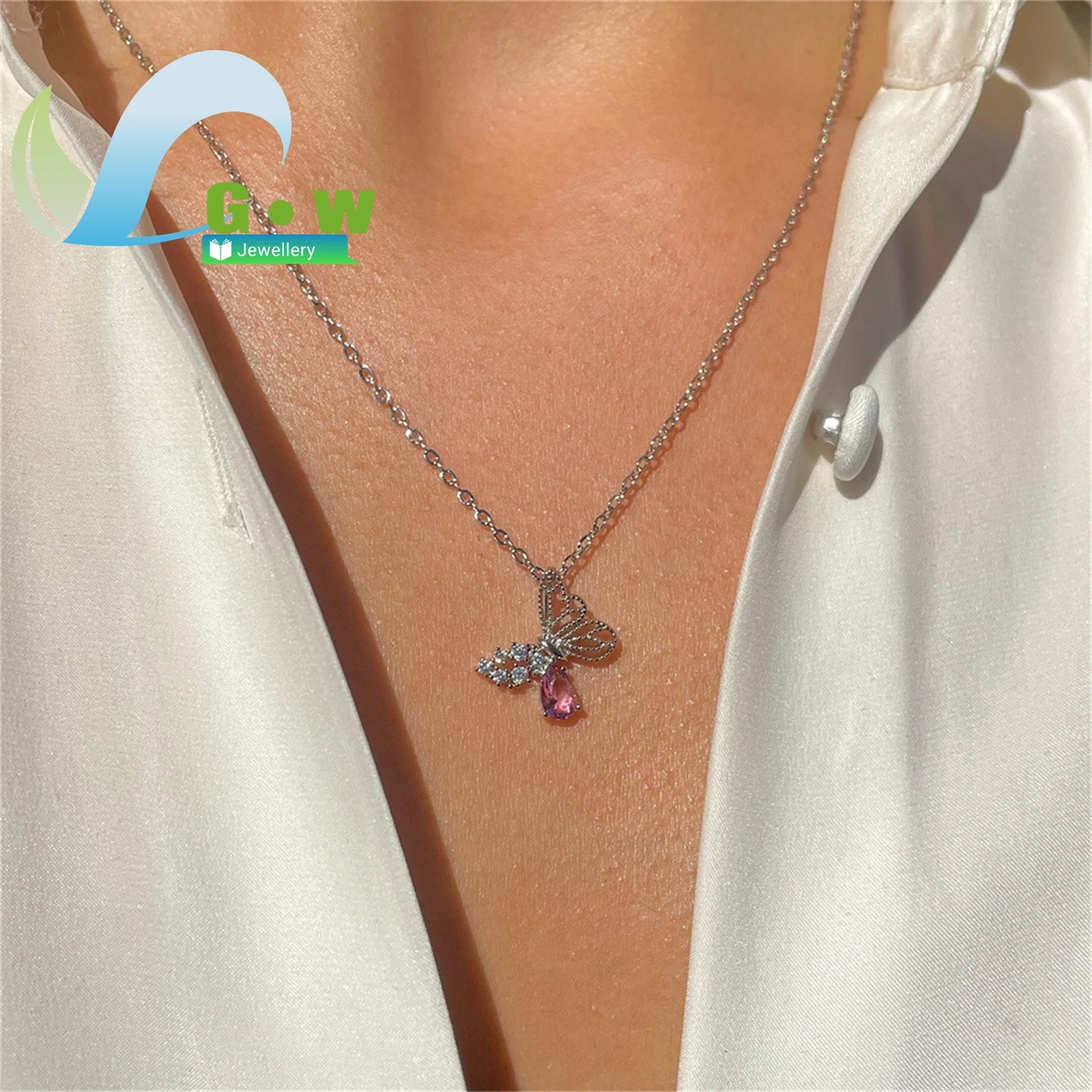 

Изящное колье-бабочка с цирконами в японском и корейском стиле, розовое, с эффектом полого ореола, изысканное, с характером, на ключицу, для женщин