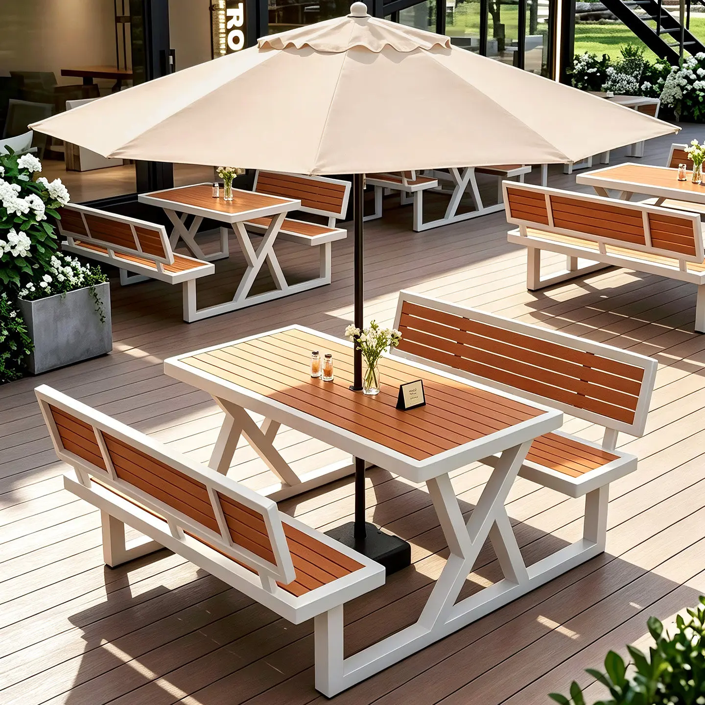 Outdoor shopping mall rain and sun protection B & B tables and chairs furniture outdoor solid wood cages