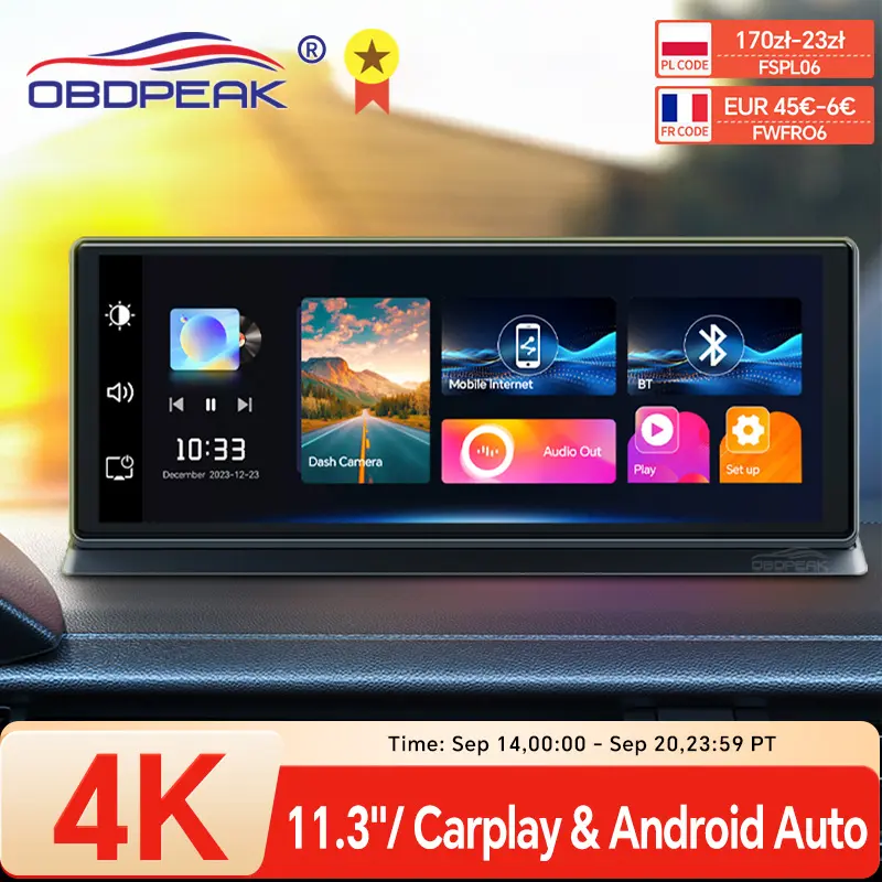 K2 Pro מצלמת דרך 11.3" - 4K DVR עם CarPlay/Android Auto, חיבור WiFi 5G ו-GPS