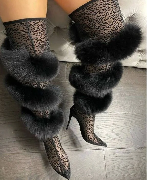 

Black Lace Leopard Print Pointed-Toe Thigh-High Boots Faux Fur Stiletto Heel Sexy Sheer Mesh Detail Large Size Women's Boots