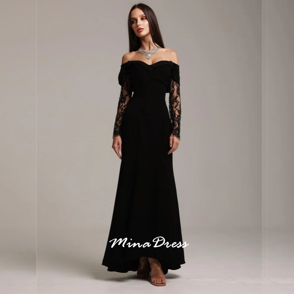 

Mina Customized Boat Collar Arabic Evening Dress Luxury Elegant Flowers Elegant Black Off-shoulder Prom Dresses Party Woman 2025