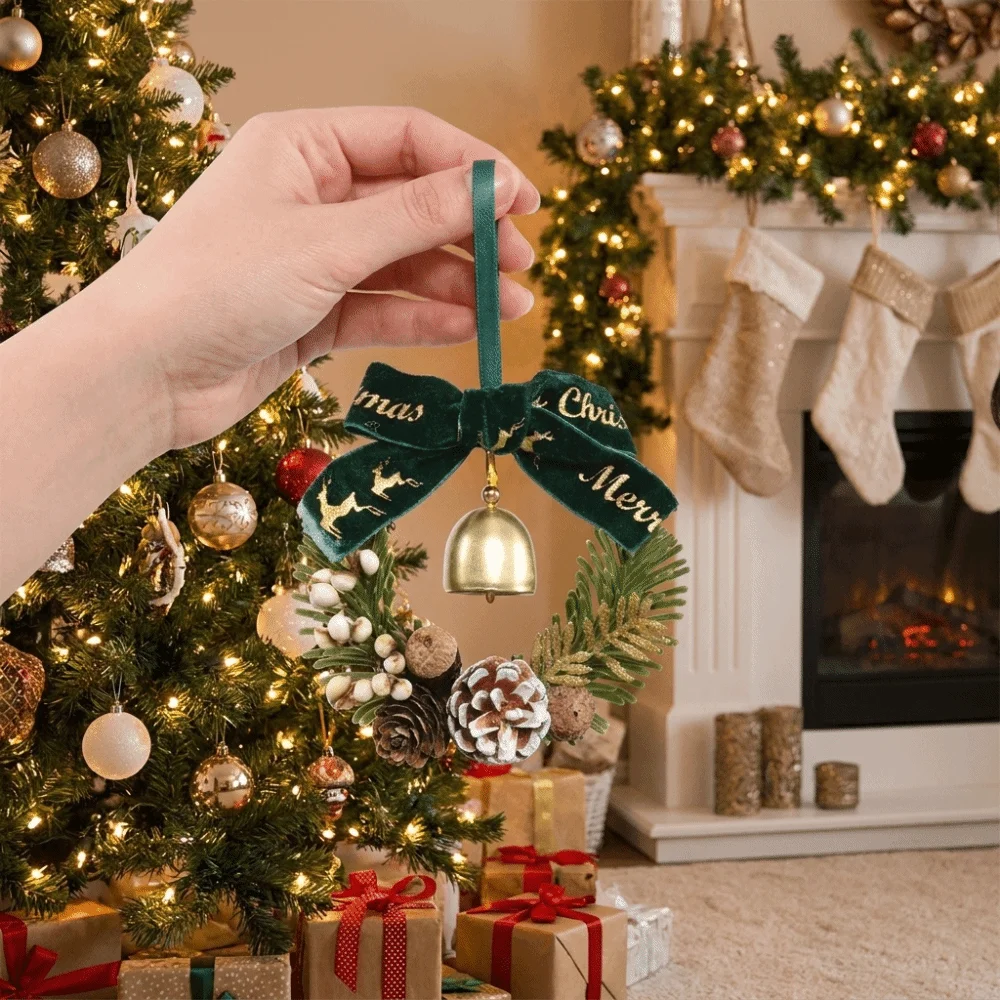 Velvet Bow Christmas Wreath Metal Bell Artificial Greenery Door Garland Branch Ring Pine Cones Xmas Tree Hanging Ornaments