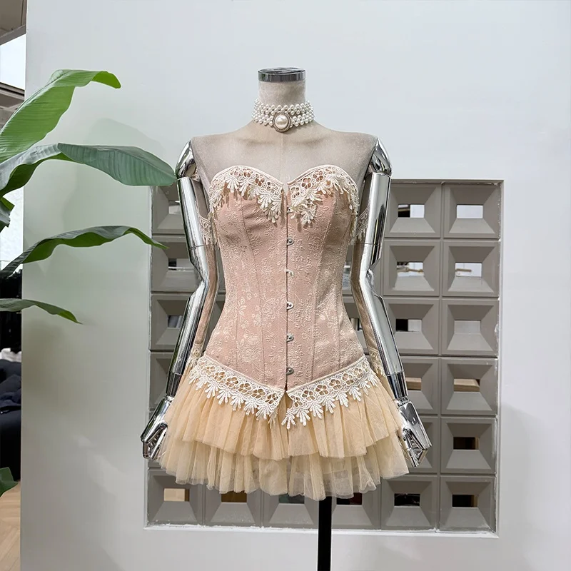 

Ruffle Lace Trim Fibone Strap ter Top Me Anti-Light Semi-skirt Set Anti-Aging Summer High Waist Skirt Two-Piece Set