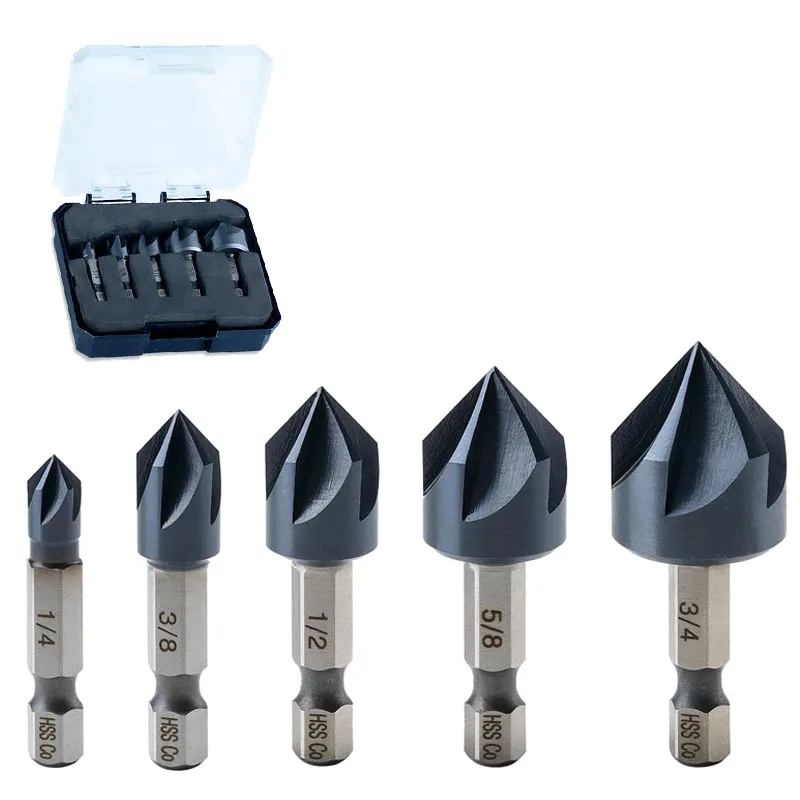 4/1", 8/3", 2/1", 8/5", 4/3" Titanium Aluminum Nitride Coated, Cobalt Countersunk Bit Set, HSS Co Hex Shanks