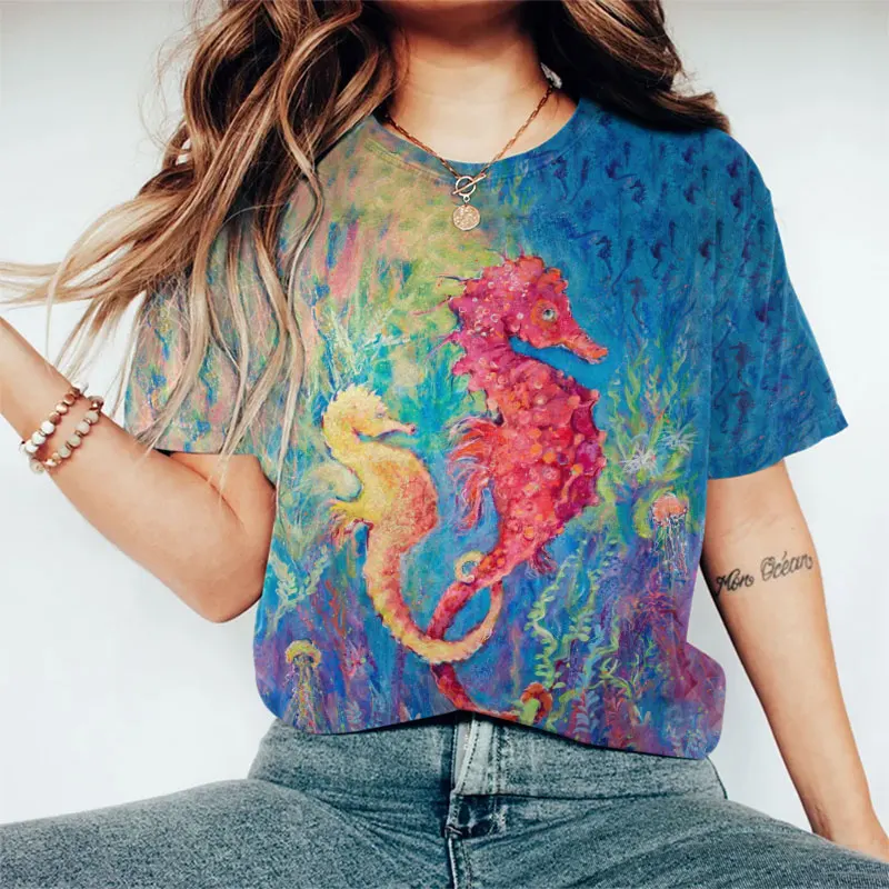 

Colorful Deep Sea Sea Horse O Neck Short Sleeved Summer Lady T Shirt