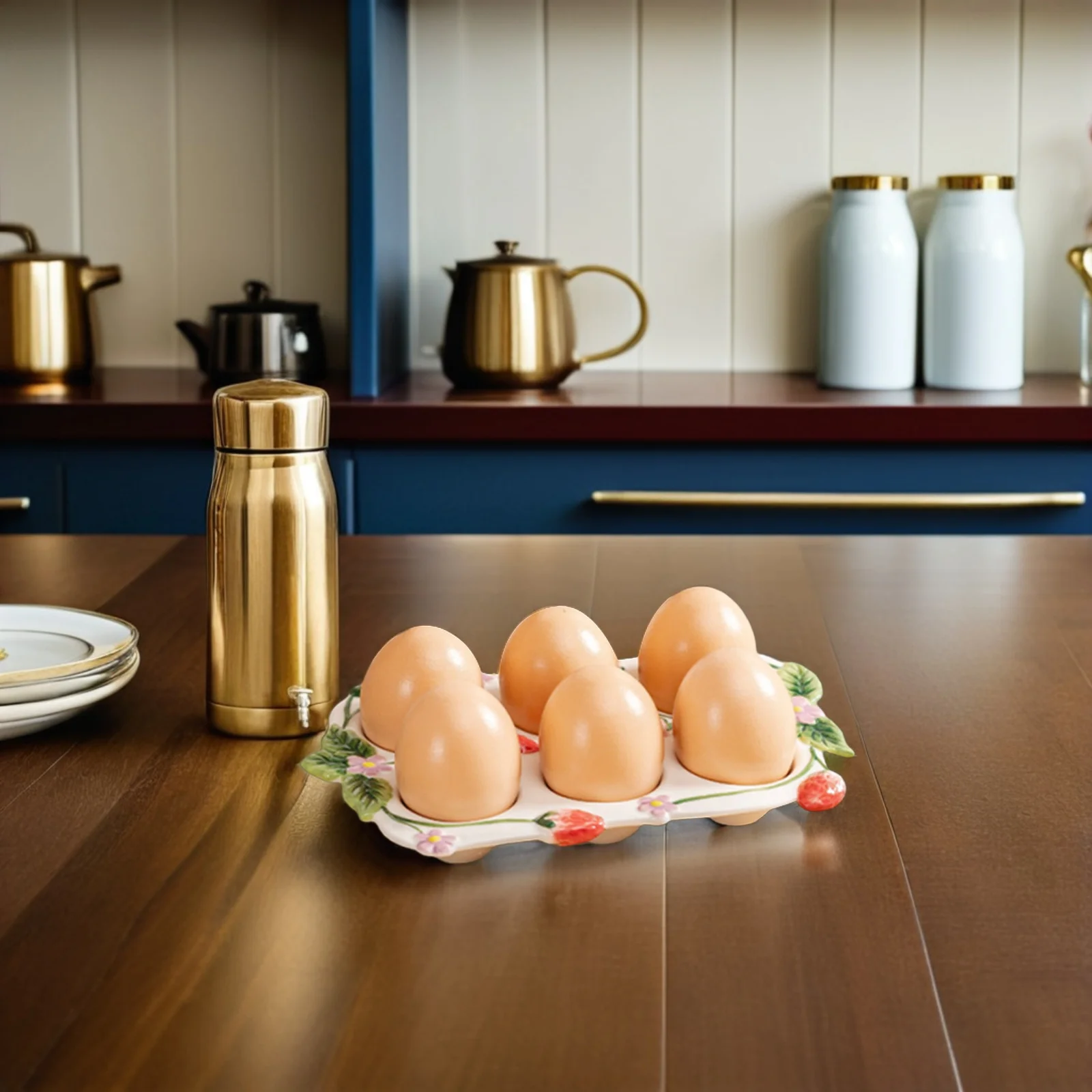 

Ceramic Egg Tray 6 Hole Stackable Holder Container Strawberry Design Space-Saving Egg Storage Organizer for Refrigerator