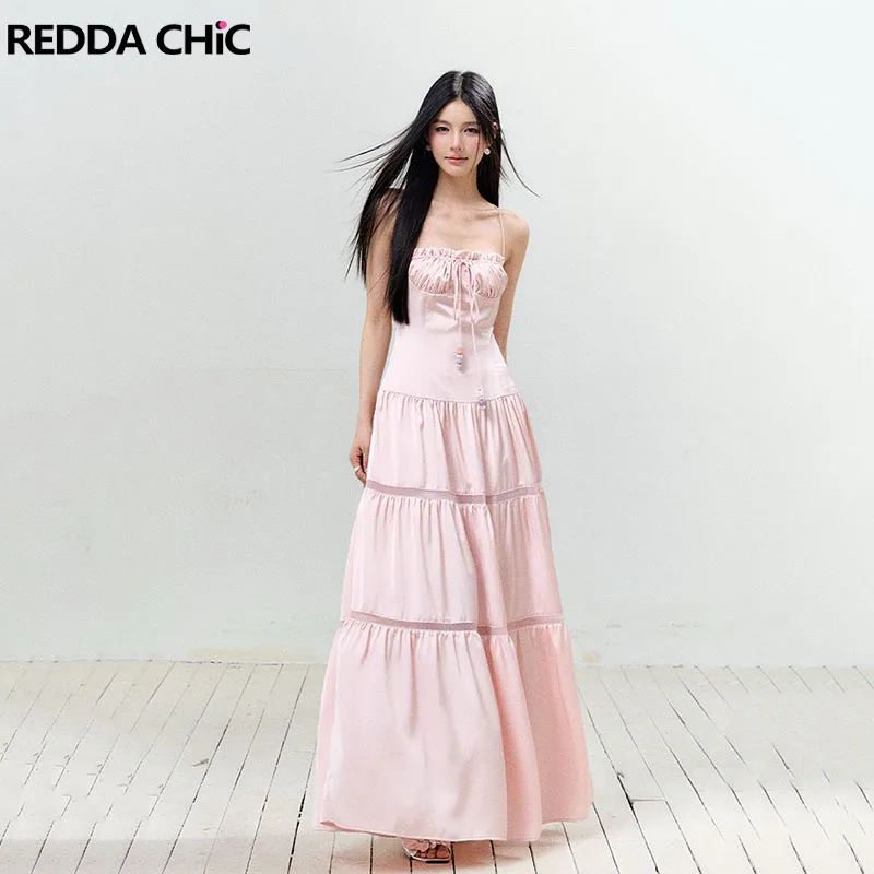 REDDACHiC โรแมนติกสีชมพูซาตินผู้หญิง Cami ชุดโบว์ครอสโอเวอร์กลับปิดไหล่ Hollow Out Maxi ยาวชุดราตรีอย่างเป็นทางการ