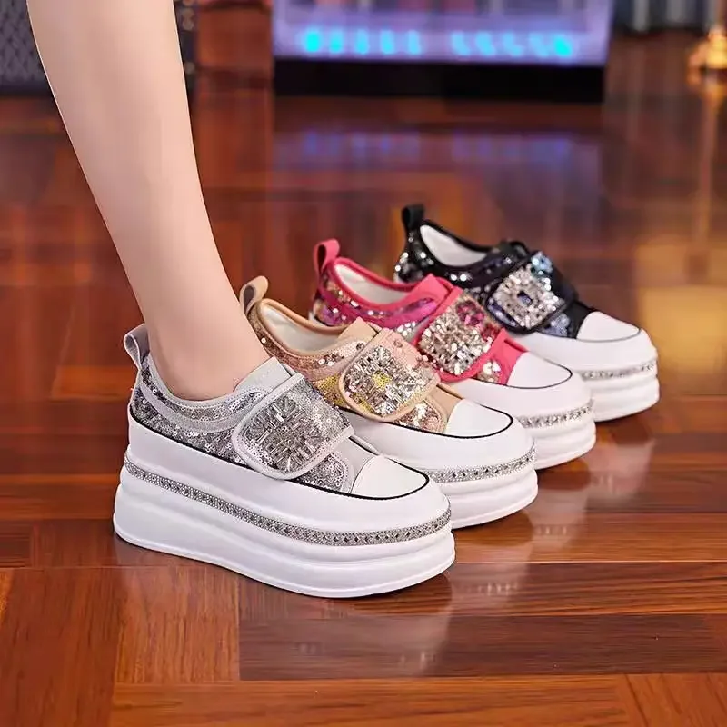 Women 8CM Platform Casual Outdoor Shoes Rhinestone Shine Decoration Sneakers Lace  Walking Sport Breathable Thick Bottom Shoes