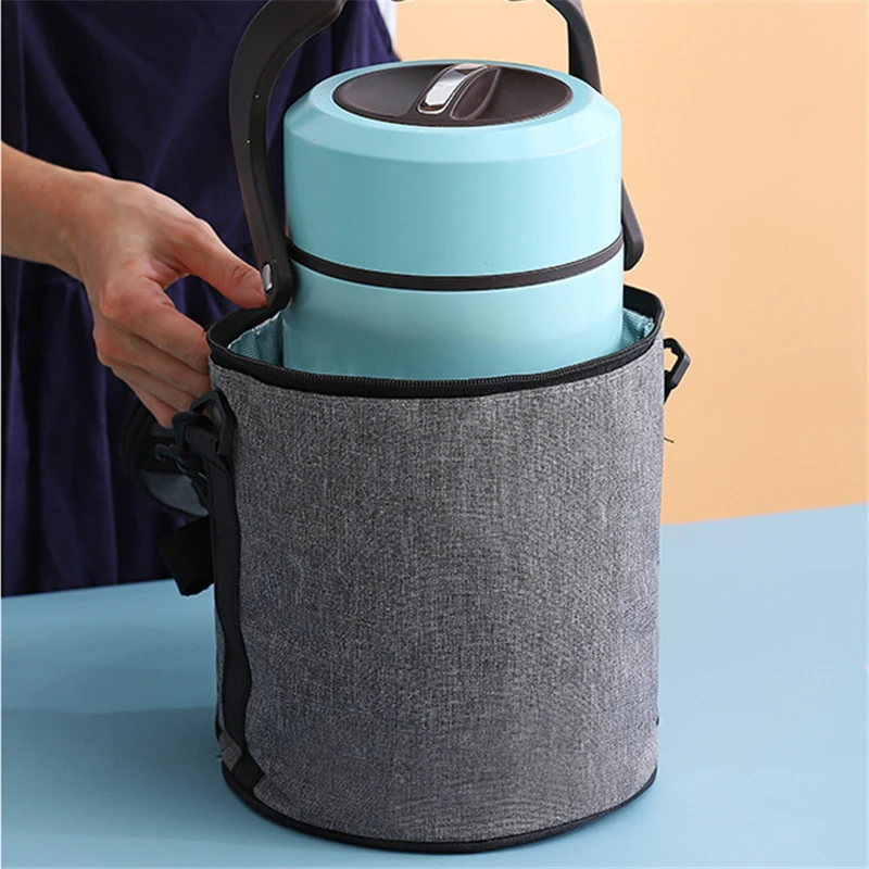 New Grey Round Thermal Lunch Box Bag Portable Picnic Food Fresh-Keeping Cooler Tote Barrel Insulated Bags for Women Men Kids