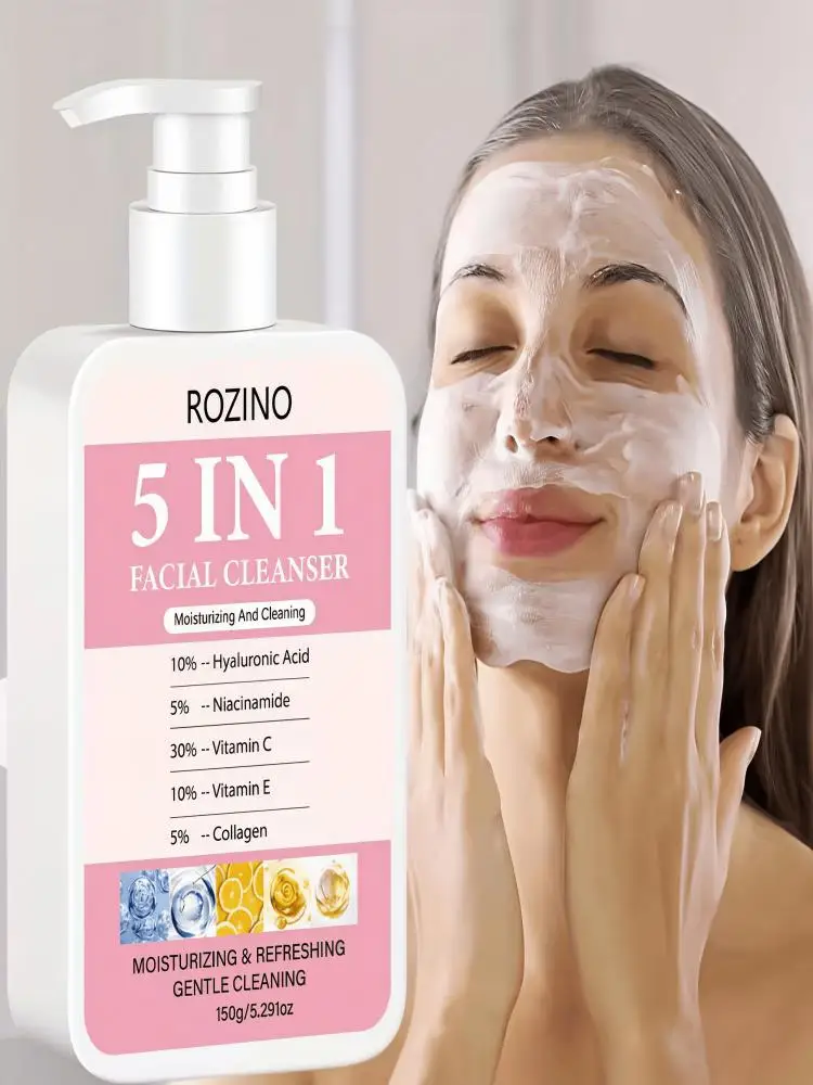 150g Großpackung 5-in-1 Gesichtsreiniger, der Hyaluronsäure, Niacinamid, Vitamin C, Vitamin E und Kollagen kombiniert. Sein reichhaltiger Schaum kann Öl und Schmutz gründlich reinigen, sanft reinigen,