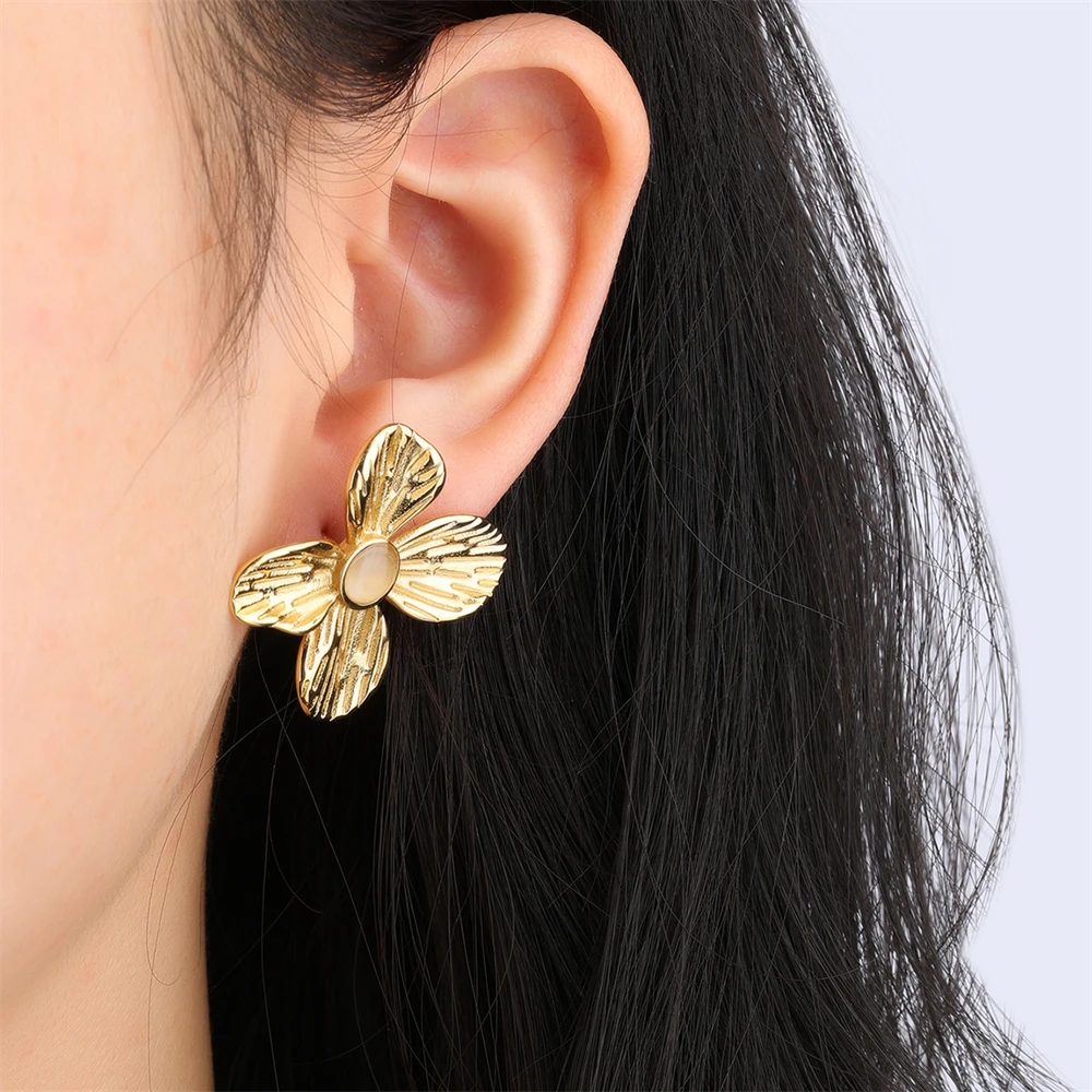 INS Kpop Stainless Steel Flower Stud Earrings For Women Romantic Waterproof Party Wedding Earrings Fashion Jewelry Girls Gift