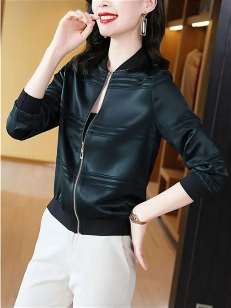 Fashion Silk Coats For Women Zip Outwear Stripe Jackets Coat Satin Woman Clothes Jacket O-neck Baseball Uniform Short Thin Coats