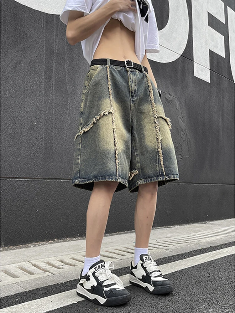 

Retro American Destroy Sle Tassel Jeans orts Men Summer High Street Design Sensation Cool Five Parts Pants Wide Leg Jeans