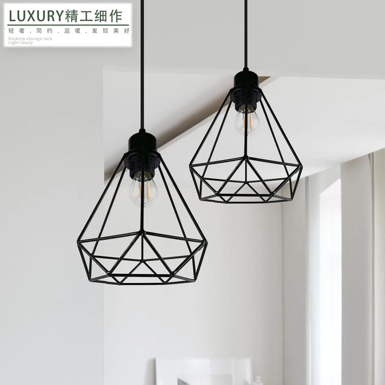 Minimalist Iron Hollow Diamond Single-head Pendant Light Industrial Style Chandelier Restaurants Hotel Bedroom Interior Lighting