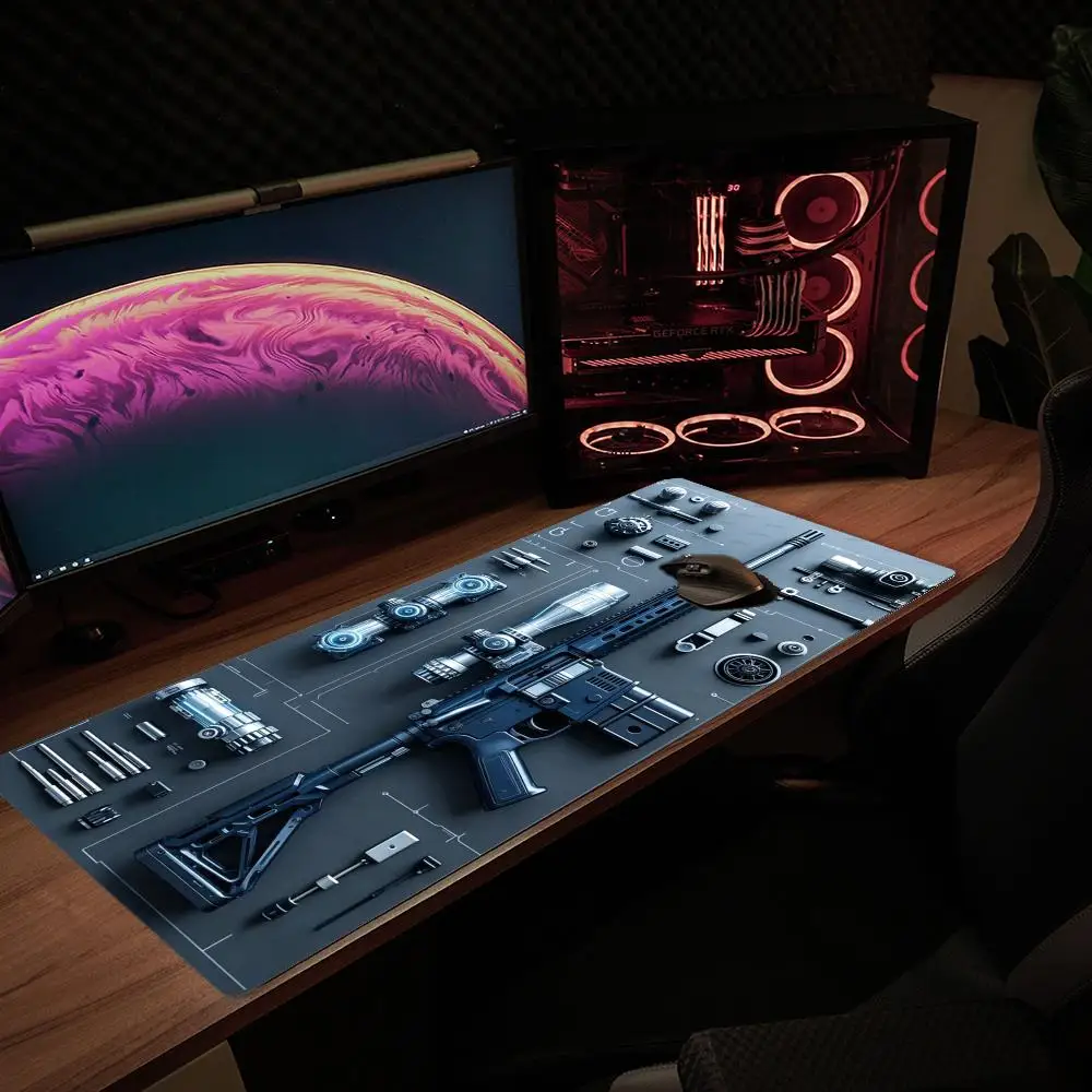 Cyberpunk Tactical Rifle Blueprint Mouse Pad Mechanical Gun Parts Non-slip Large Gamer Deskmat Gaming Accessories XXL Mousepad