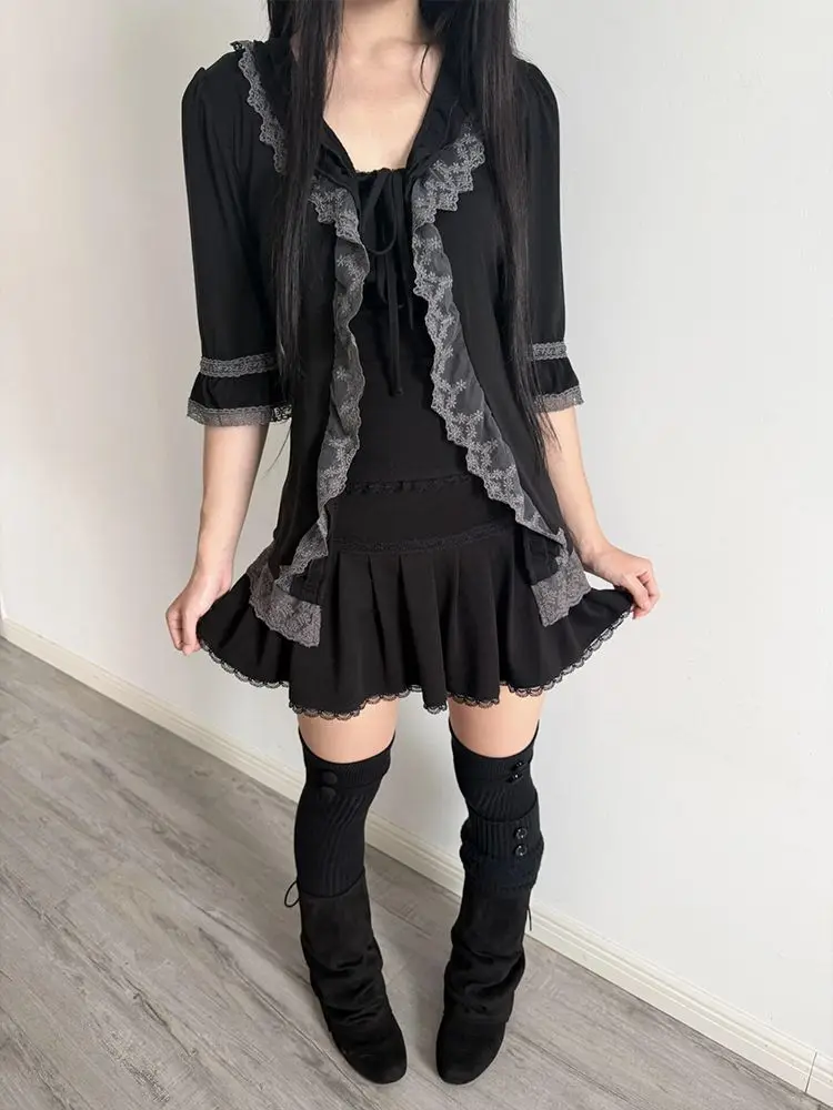 2000s Aesthetic Punk Style Women New 2 Piece Set Sexy Long Sleeve Tops + Mini Cake Skirt Female Retro Chic Korean Lace Outfit