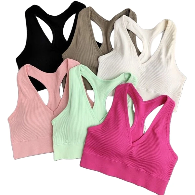 Women Y-Back Tank Bra Wire Free Removable Pad Wide Straps V-Neck Ribbed Cami Bras Everyday Layering Intimates One Size