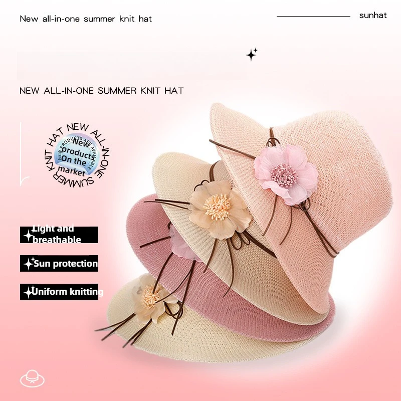 

2025 Knitted Basin Cap Foldable Beach Straw Hat Women's Sun Protection Hat Summer Hats for Women Sun Hats for Women Beach Hat