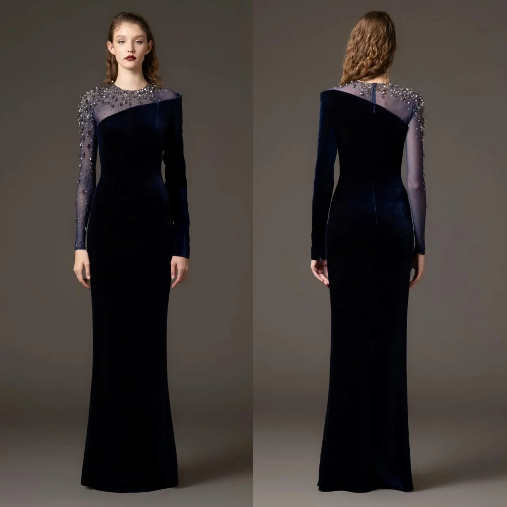 Customized Sparkle High Quality O-Neck Long Sleeves Trumpet Long Dresses Bespoke Occasion Elegant Party Wedding Formal Evening