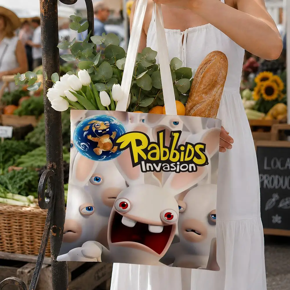 Animation Rabbids Invasion Storage Bags Fashion Cotton 12/16oz Canvas Tote Bag Eco Friendly Reusable Large Capacity Shopping Bag