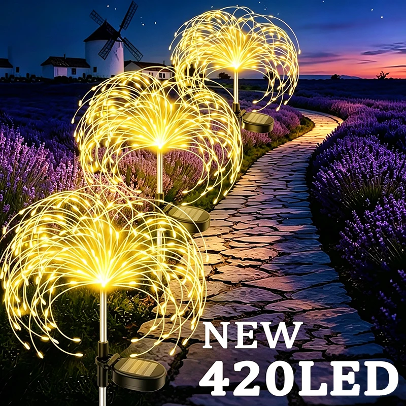 Solar Garden Decorative Lights for Firework 60/200/420LED Dandelion DIY Solar Stake Lights for Outdoor Lawn Path Street Patio