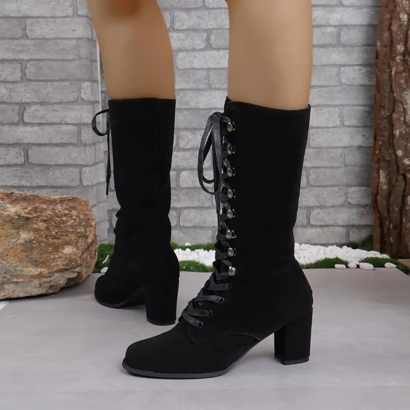 2023 Winter Shoes for Female Front Lace-up Women's Mid-Calf Boots Square Heel High Heel Women's Shoes Cross-tied Ladies Boots