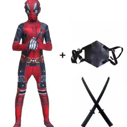 슈퍼 히어로 데드풀 코스튬 남녀공용 코스프레 점프수트 마스크 소드 가방 정장 액세서리, 어린이 판타지 영화 캐릭터 홀리데이 세트