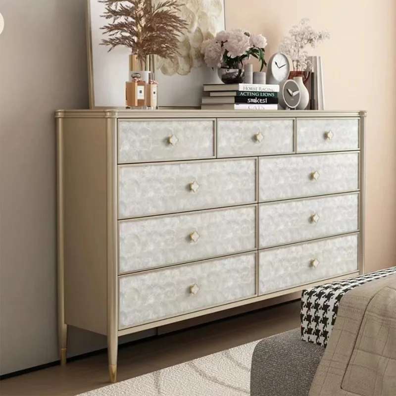 American light luxury shell nine chest cabinet French cream wind bedroom drawer locker modern simple solid wood bedside cabinet