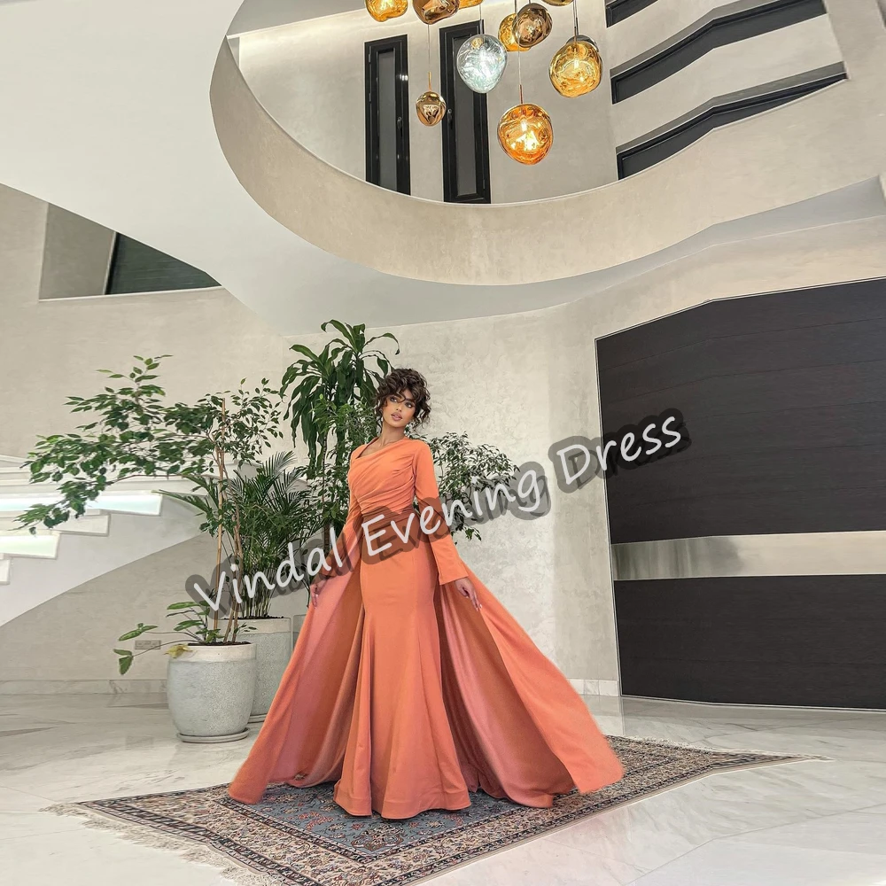 Vindal Evening Dress V-Neck Floor Length Mermaid Built-in Bra Elegant Crepe Ruffle Long Sleeves Sexy Saudi Arabia For Woman 2024