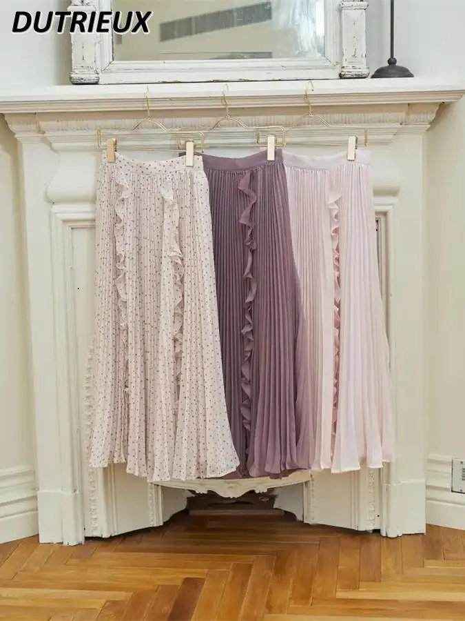

Spring and Autumn New Elegant Ladies Fungus Edge Pleated Skirt Sweet Versatile High Waist Medium and Long Skirts for Women