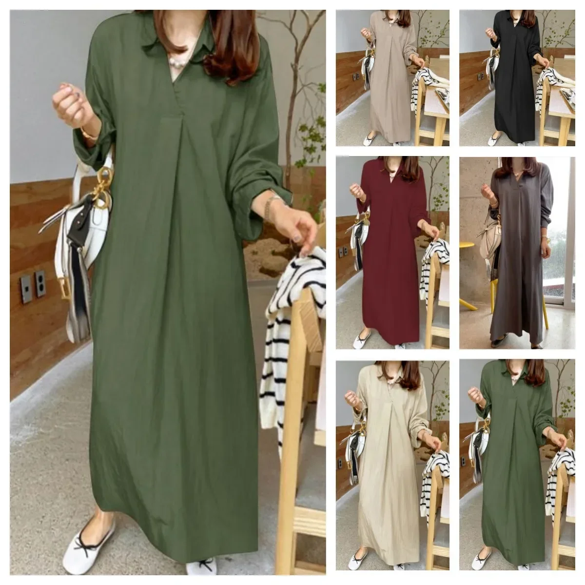 Women Eid Muslim Dresses Turn Down Collar Dubai Arab Vestidos Ramadan Loose Kaftan Islam Dress Spliced Solid Casual Abayas