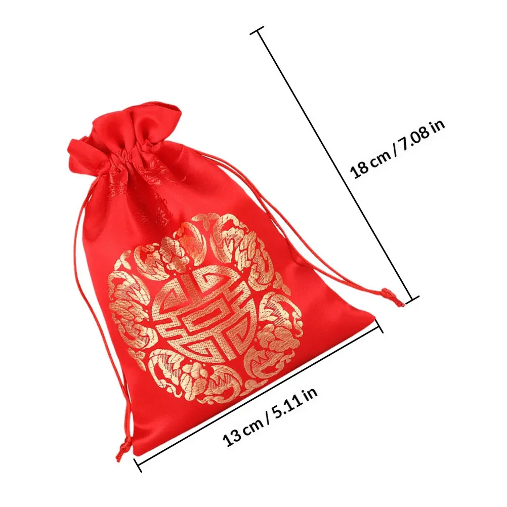 4pcs Red Brocade Drawstring Gift Bags with Gold Fortune Symbols for Chinese New Year Wedding Candy Packaging