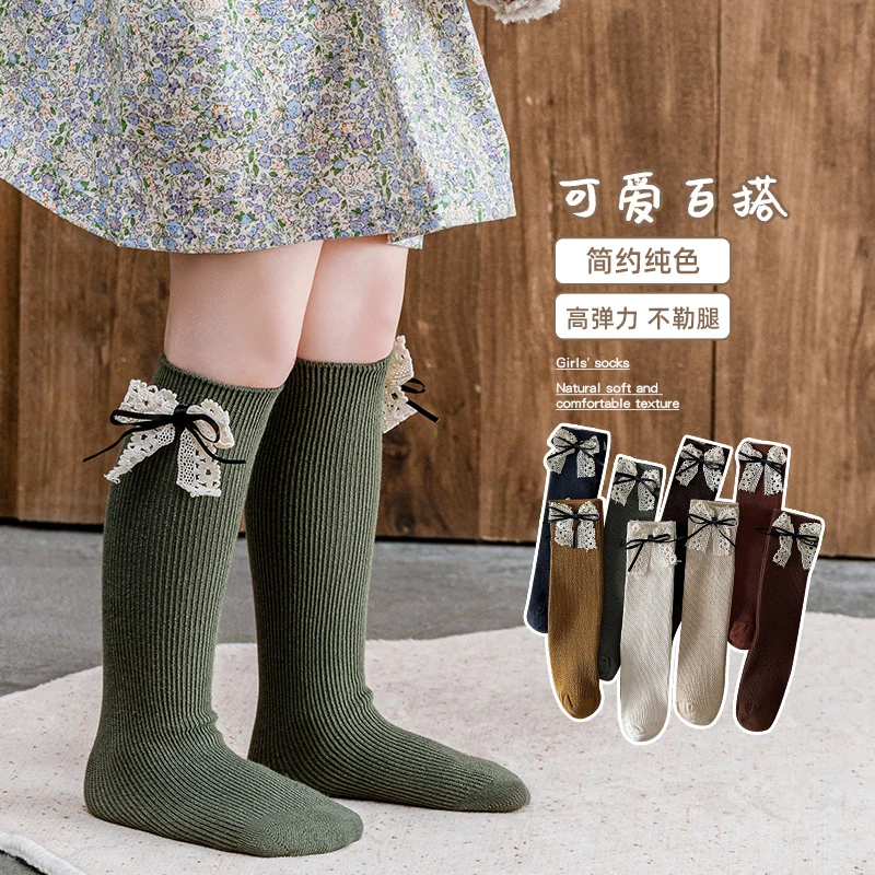 Cute Girls Solid Long Slouch Stockings Ornate With Satin Ribbon Lace Double Bow And Slim Striped Pattern Soft Comfortable Socks