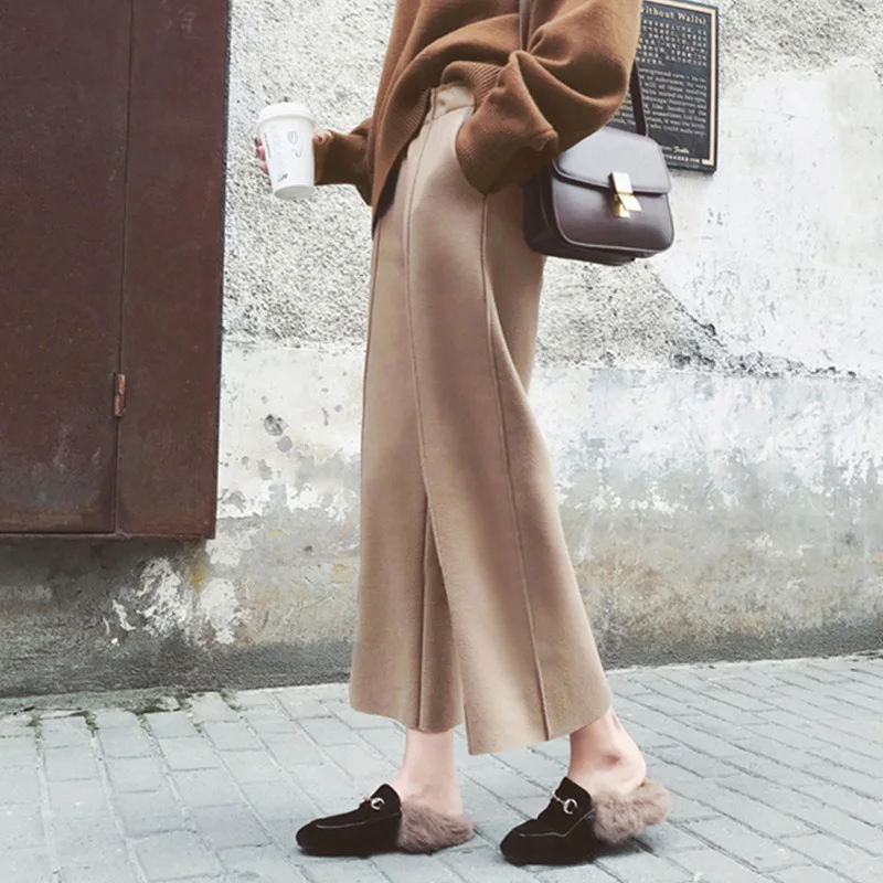 

Women Autumn Winter Woolen Loose Wide Leg Pants Hight Waist Black Gray Khaki Solid Tailored Loose for Women Office Lady