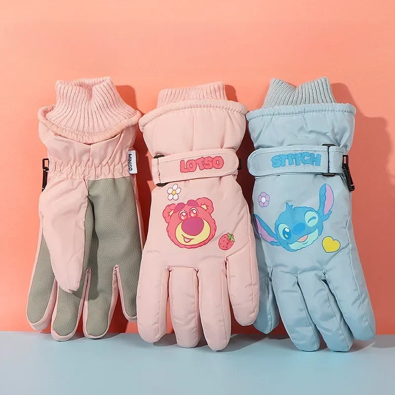 MINISO Kawaii Disney Stitch Alien Sullivan Mike Winnie Tigger Winter Five Finger Windproof Gloves Anime Children Plush Mittens