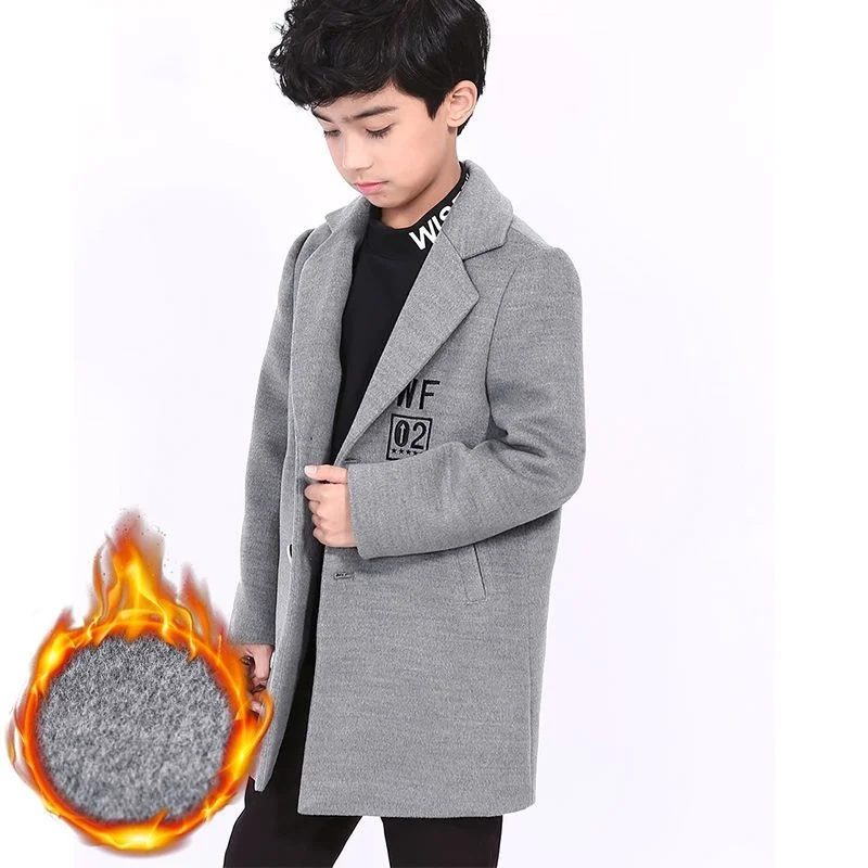 Boys Woolen Coat Overcoat Jacket Windbreak 2024 Stylish Warm Plus Thicken Autumn Winter Cotton School Children's Clothing