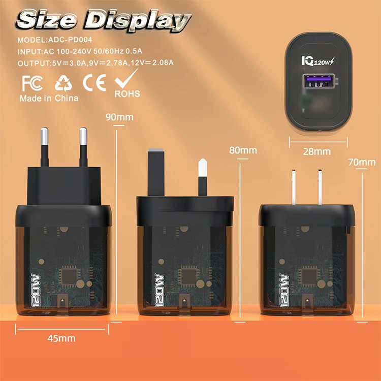 US/EU/UK Mobile Phone Charger Fast Charging Adapter 120W USB Wall Cell Phone Fast Charger