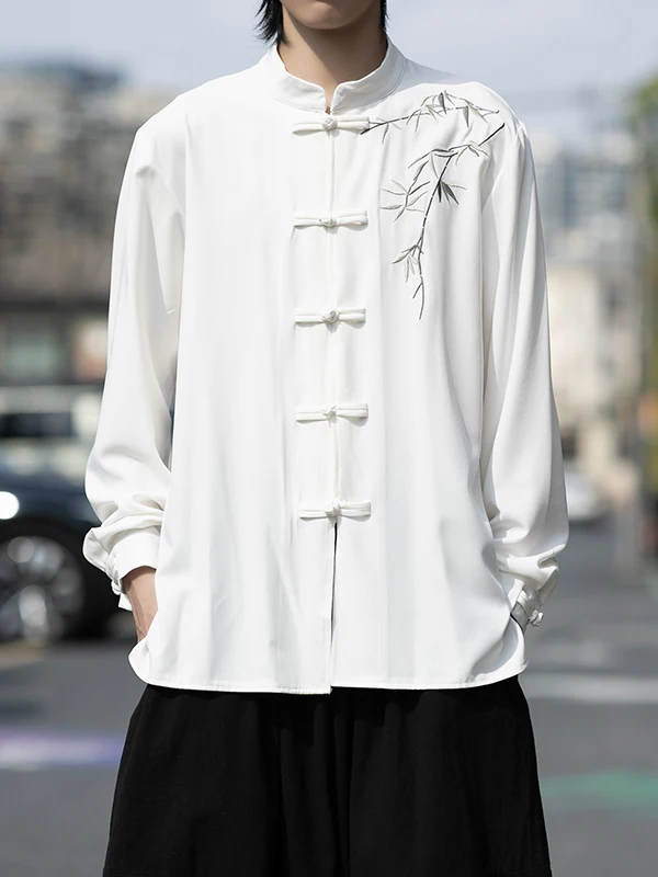 

Мужская повседневная свободная рубашка из бамбуковой ткани с вышивкой, воротником-стойкой, на пуговицах, больших размеров, в стиле Тан, осенняя новинка