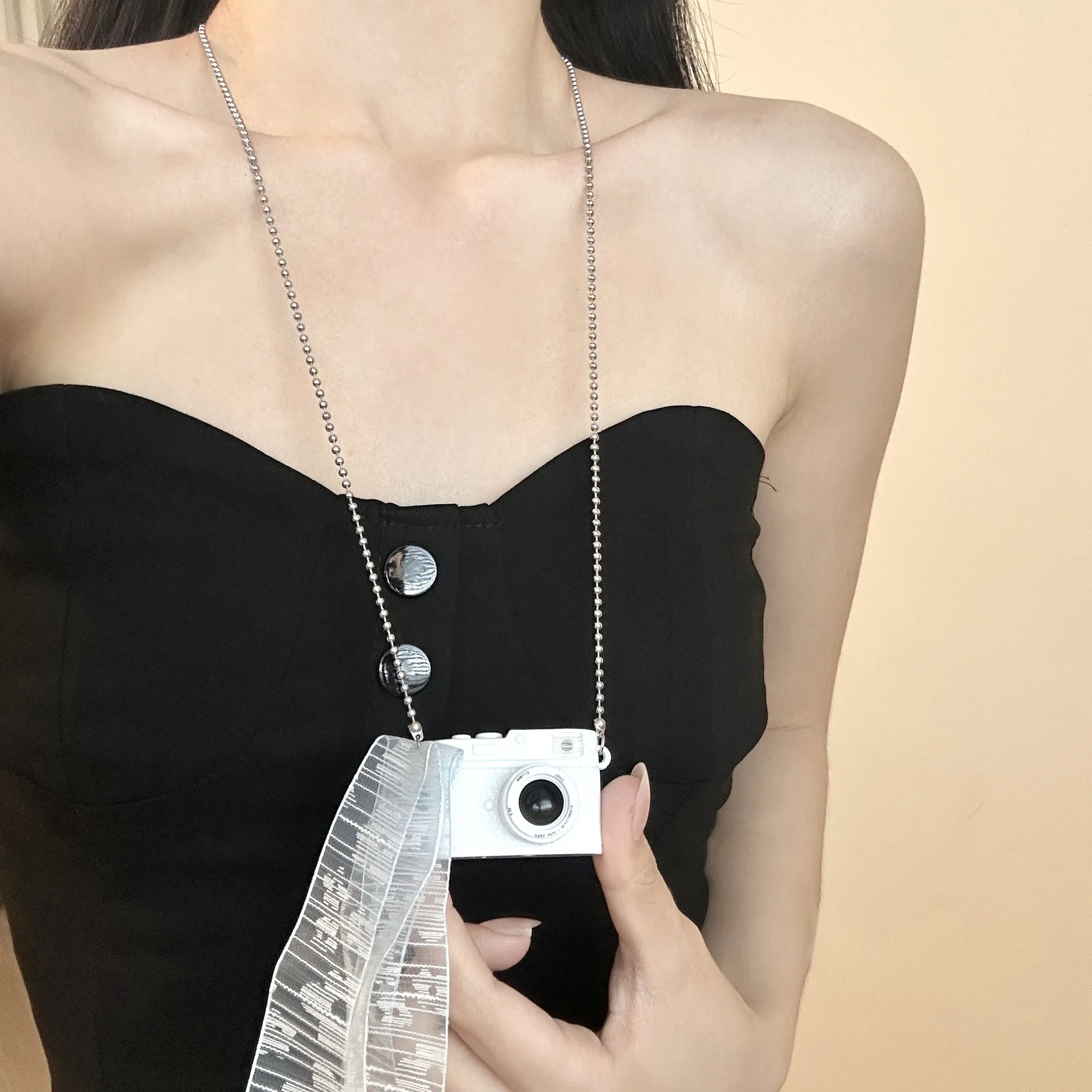 الفولاذ المقاوم للصدأ شخصية طويلة الهيب هوب فلاش كاميرا قلادة قلادة للفتيات عطلة الصيف جو اللباس قلادة #4