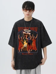 Witches Brew Coffee Black Magic Washed Retro Male Tops Loose Street T-Shirt Summer Casual Cotton Tshirt Oversized Loose Tees