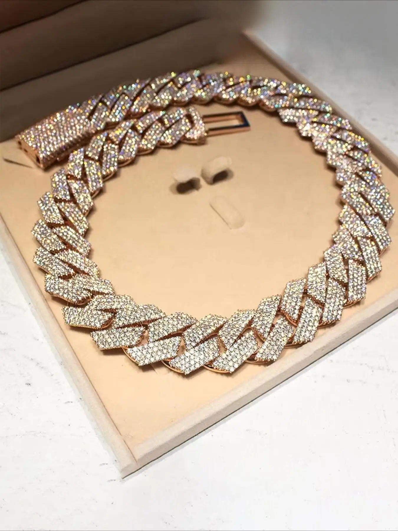 20mm  dangling 4-row gold-plated rose gold men's diamond ice crystal Cuban link necklace, Miami Cuban link men's plain chain