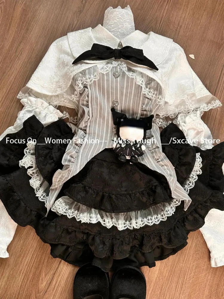 Lolita Vintage Suits Women Black Bodycon Blouse + Lace Skirts Women 3 Piece Sets Autumn Evening Party Clothing Chic Korean New