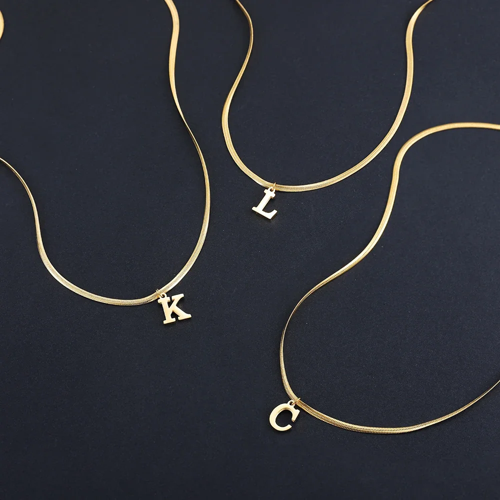 A-Z Alphabet Gold Color Stainless Steel Pendant Necklace for Women Snake Chain Initial Letter Clavicle Necklaces Collar Jewelry