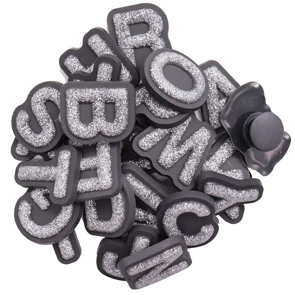 

Mix 50pcs PVC Shoe Charms Glitter Powder Silver Letter Alphabet Buckle Clog Fit Wristbands Garden Shoes Button Decorations