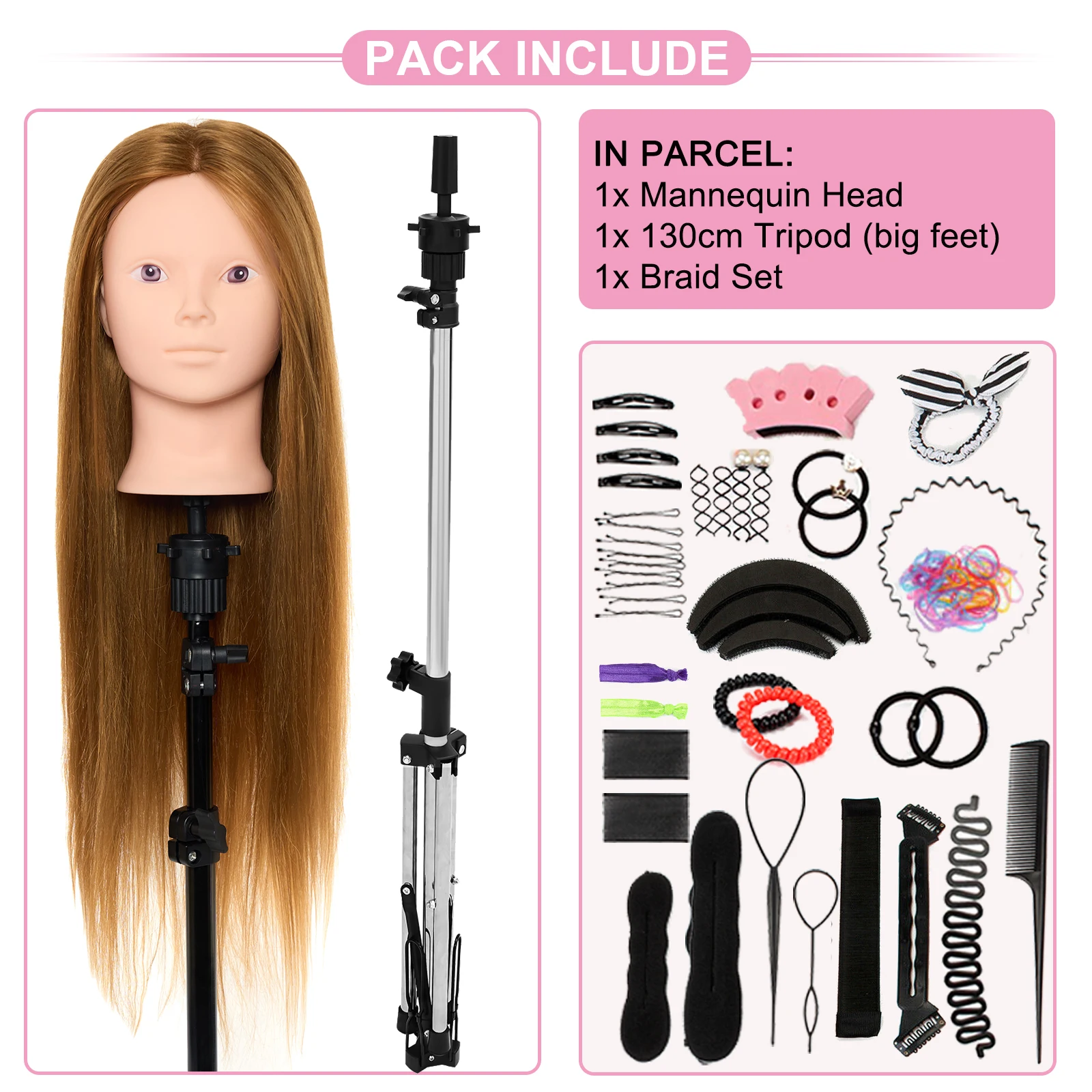 Boneka manekin 26 inci 28 inci, untuk latihan wajah, kepala boneka rambut asli model 80%, Set kepang 130CM 120CM, Tripod