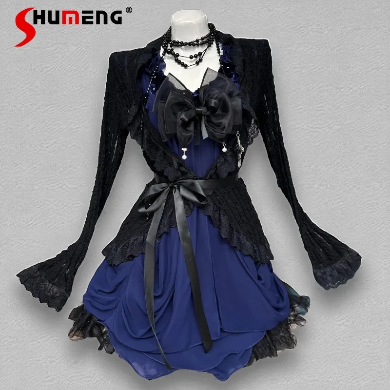 

Dark Retro Outfits For Women's With Bowknot Ruffled Dress And Black Lace Cardigan Two-Piece Set Japanese Short Sleeves Dresses