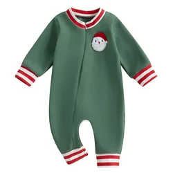 Baby Zip Up Christmas Jumpsuit For Newborn Santa Embroidered Striped Long Sleeve Romper Clothes