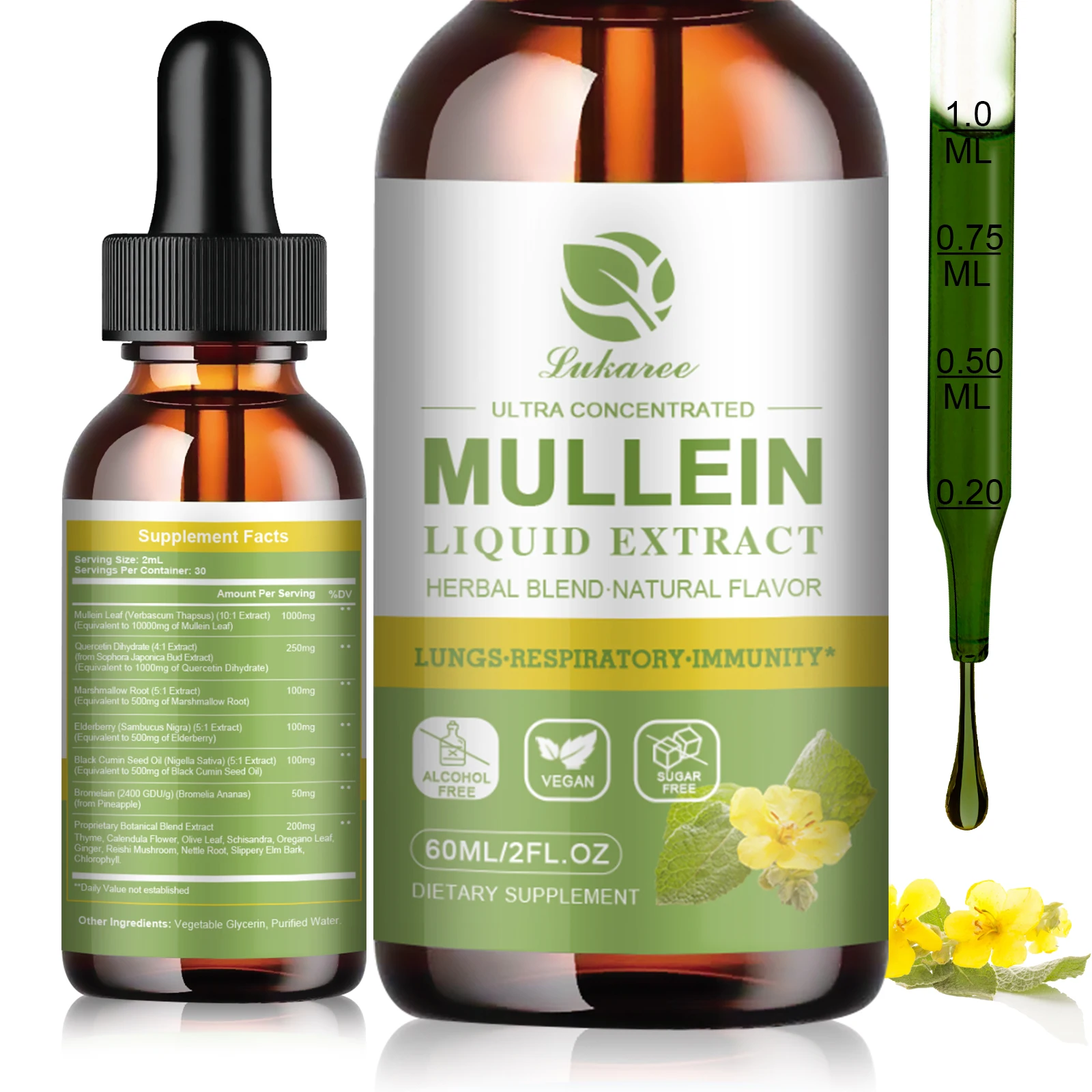 BBEEAAUU-extracto de hoja de Mullein de 1000mg, gotas de apoyo para el sistema inmunológico y cardiovascular, limpieza de pulmones, respiración relajada